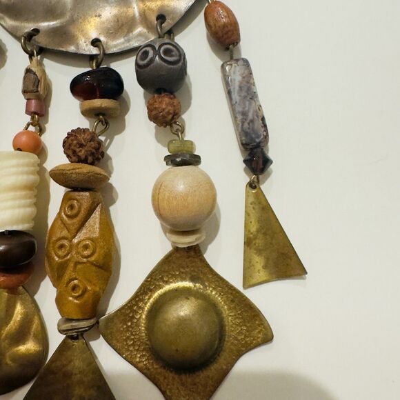 Boho Tribal Statement Necklace Wood Beads Brass Metal Dangles Mixed Media Artsy - Picture 7 of 9